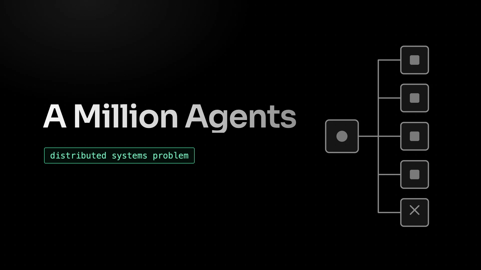 A Million Agents: one coordinator node fanning out to worker nodes, one of them failed