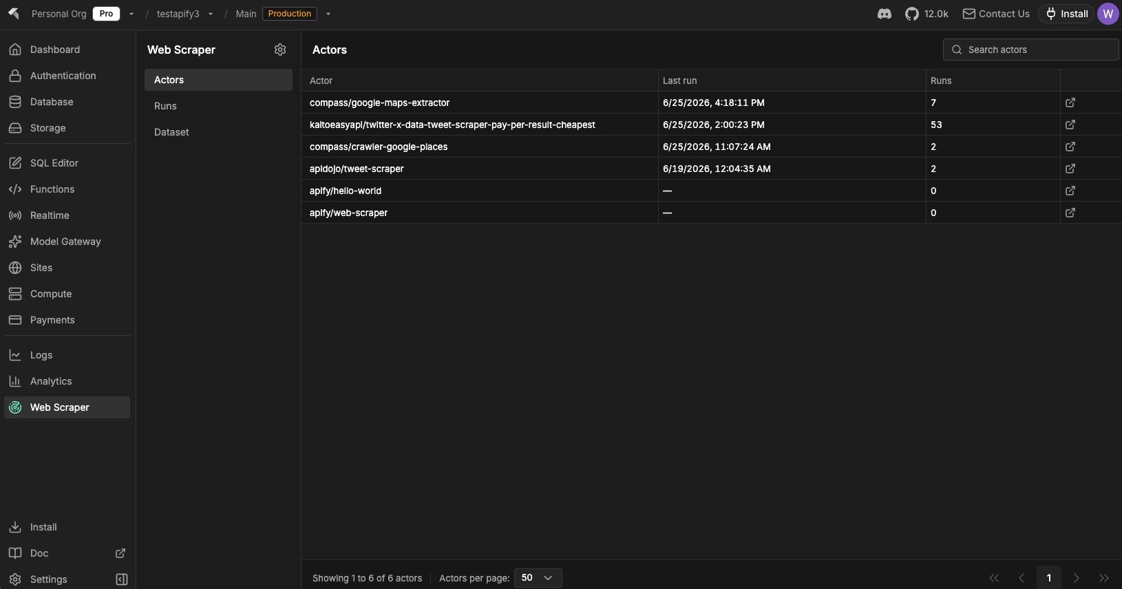 Web Scraper Actors tab showing the actor list with last run time and run counts