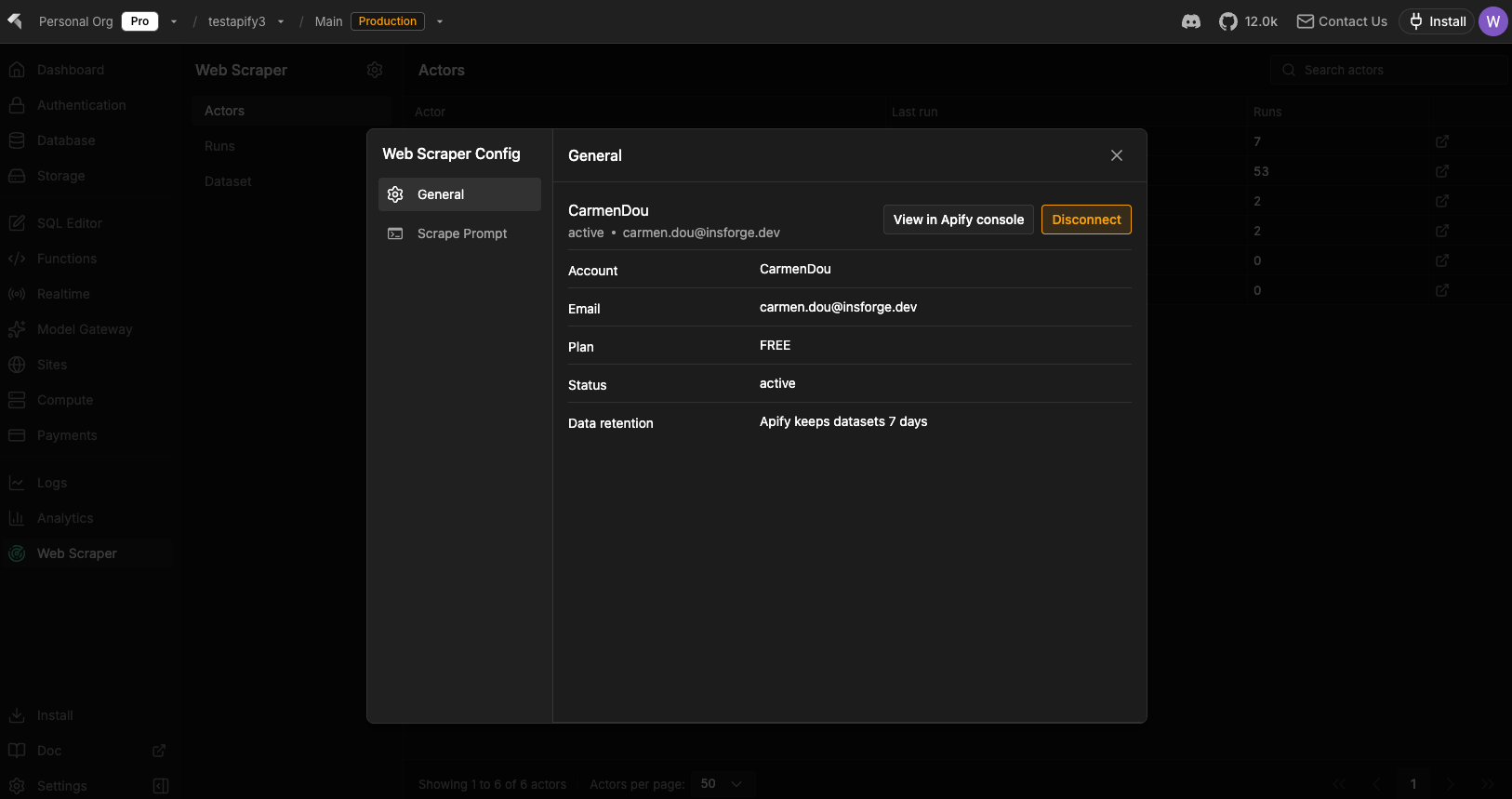 Web Scraper Config dialog opened from the settings gear, showing the connected Apify account, plan, status, and data retention