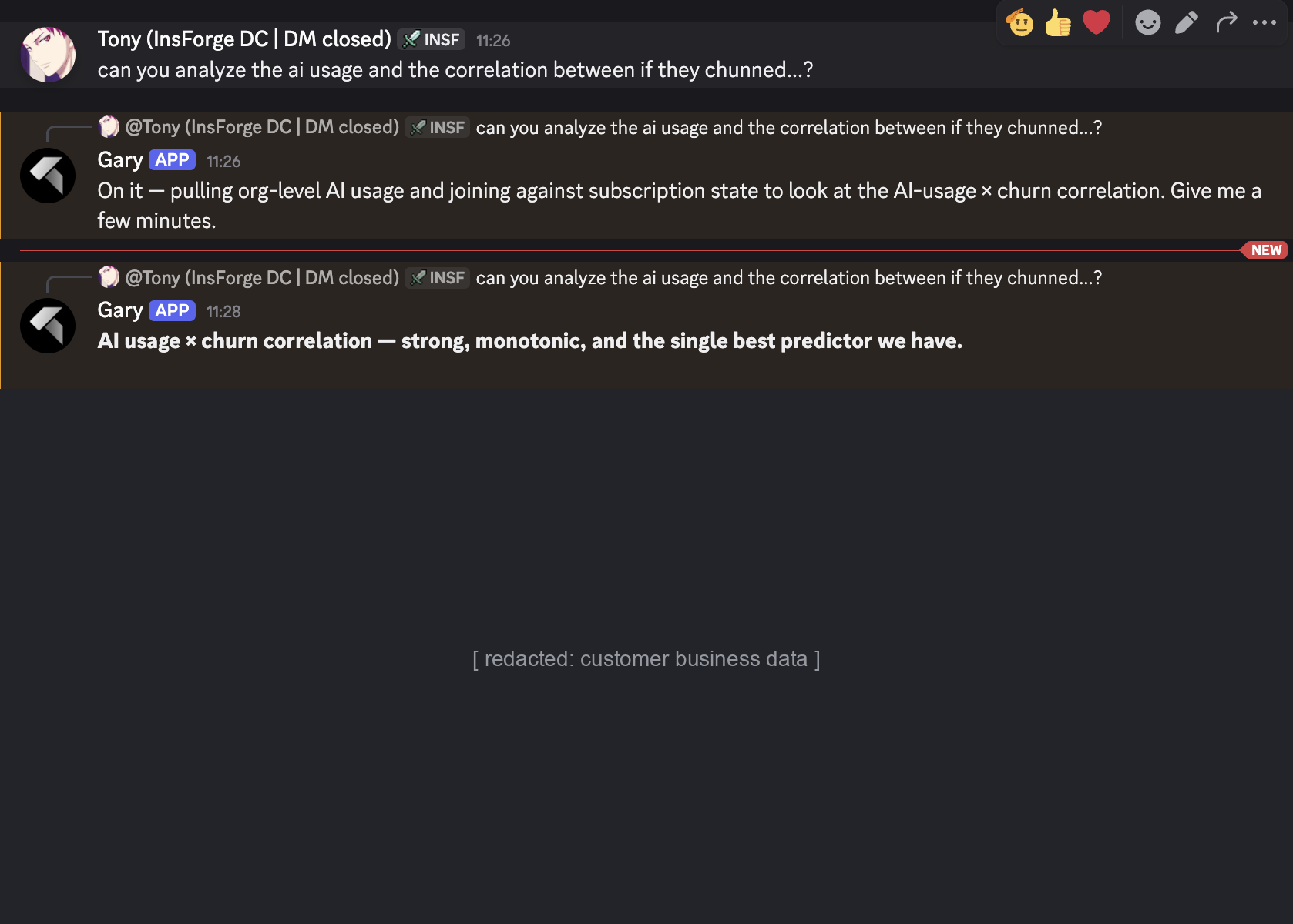 Discord channel showing a question about AI usage and churn correlation, the agent acknowledging the task, and posting a headline finding with the underlying numbers redacted