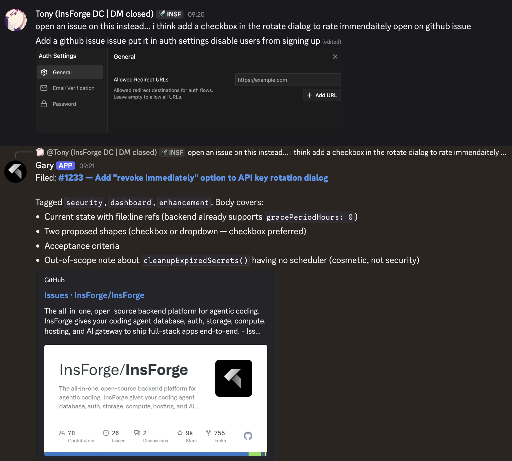 Discord channel showing a casual feature request from me, and the agent confirming it filed a tagged GitHub issue with current state, two proposed shapes, acceptance criteria, and an out-of-scope note