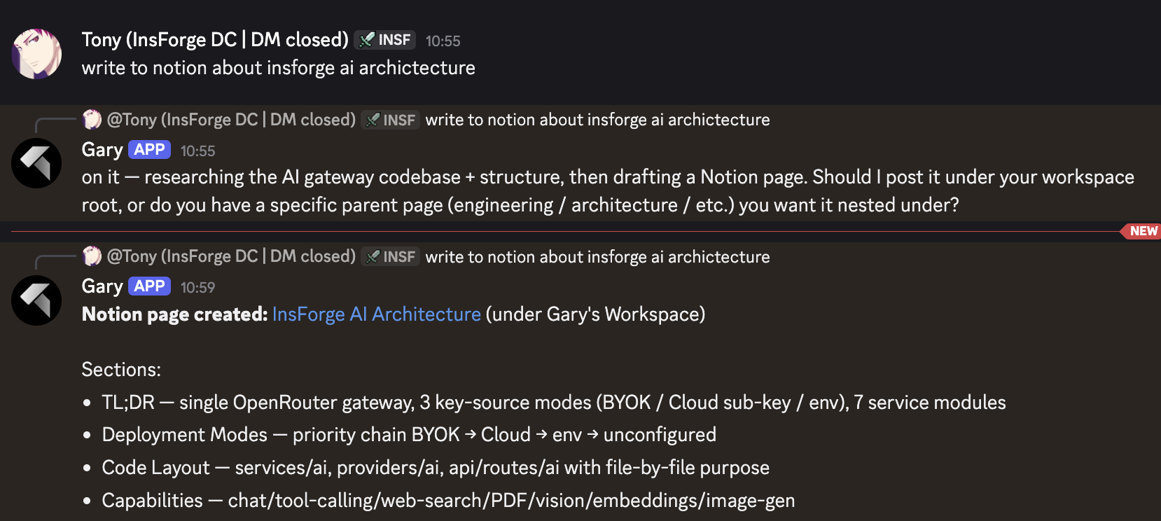 Discord channel showing a casual request to draft Notion docs about InsForge AI architecture. Agent asked where the page should live, then posted a Notion page with sections for TL;DR, Deployment Modes, Code Layout, and Capabilities