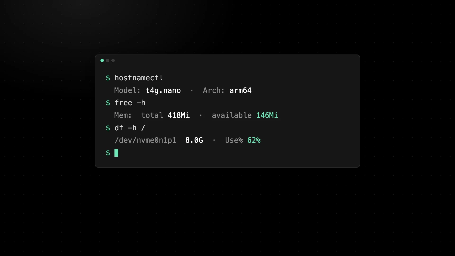 Terminal on an EC2 instance showing hostnamectl, free -h, and df -h output